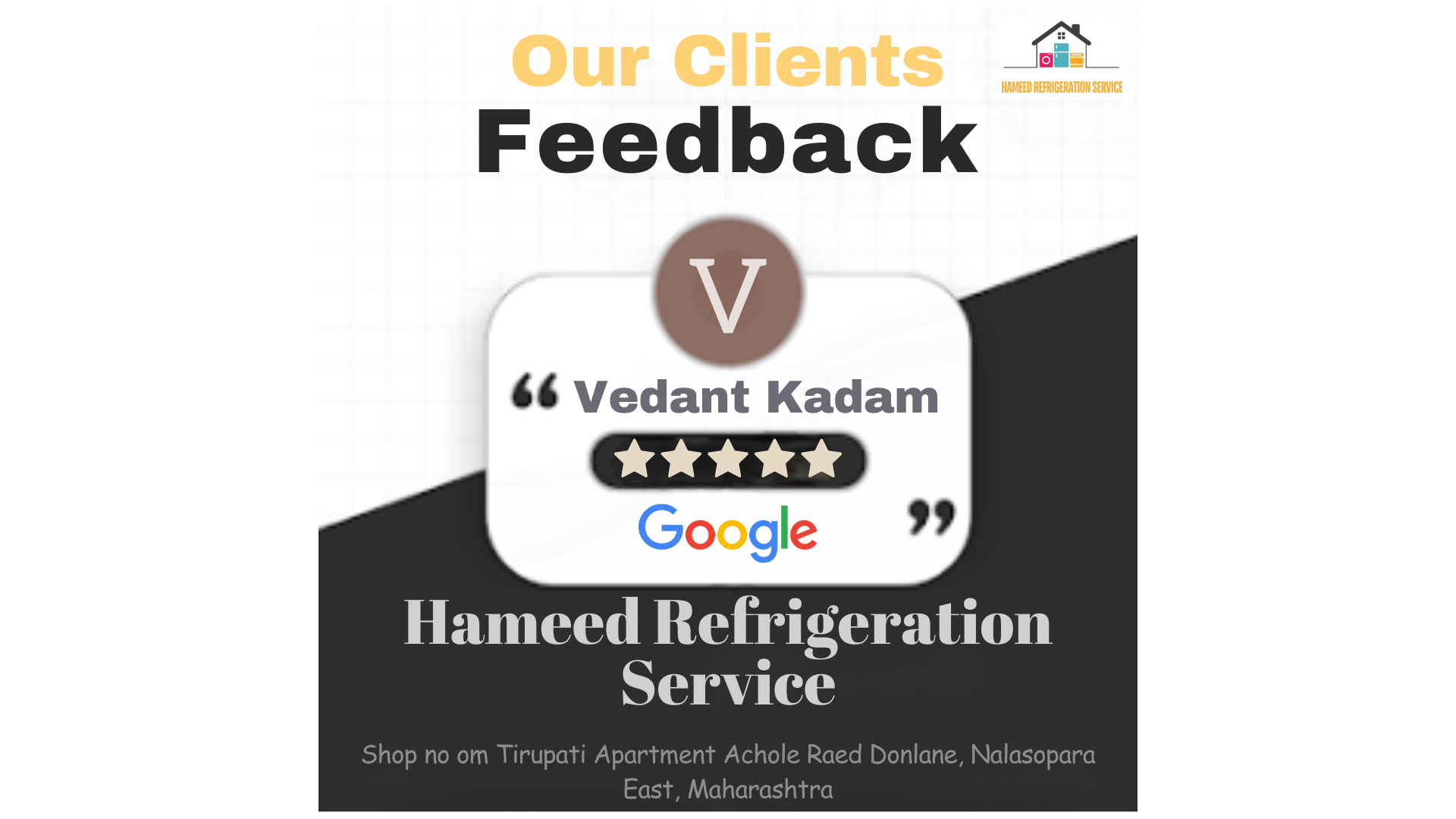 ⭐⭐⭐⭐⭐5-Star Review by Vedant Kadam for Best Repair and Service in Nalasopara, Vasai & Virar-